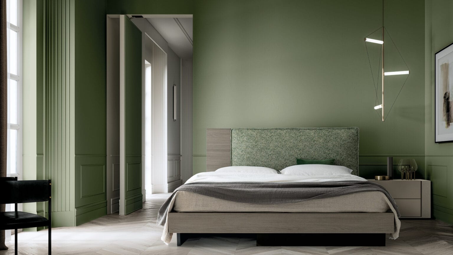 camera da letto moderna con parete verde