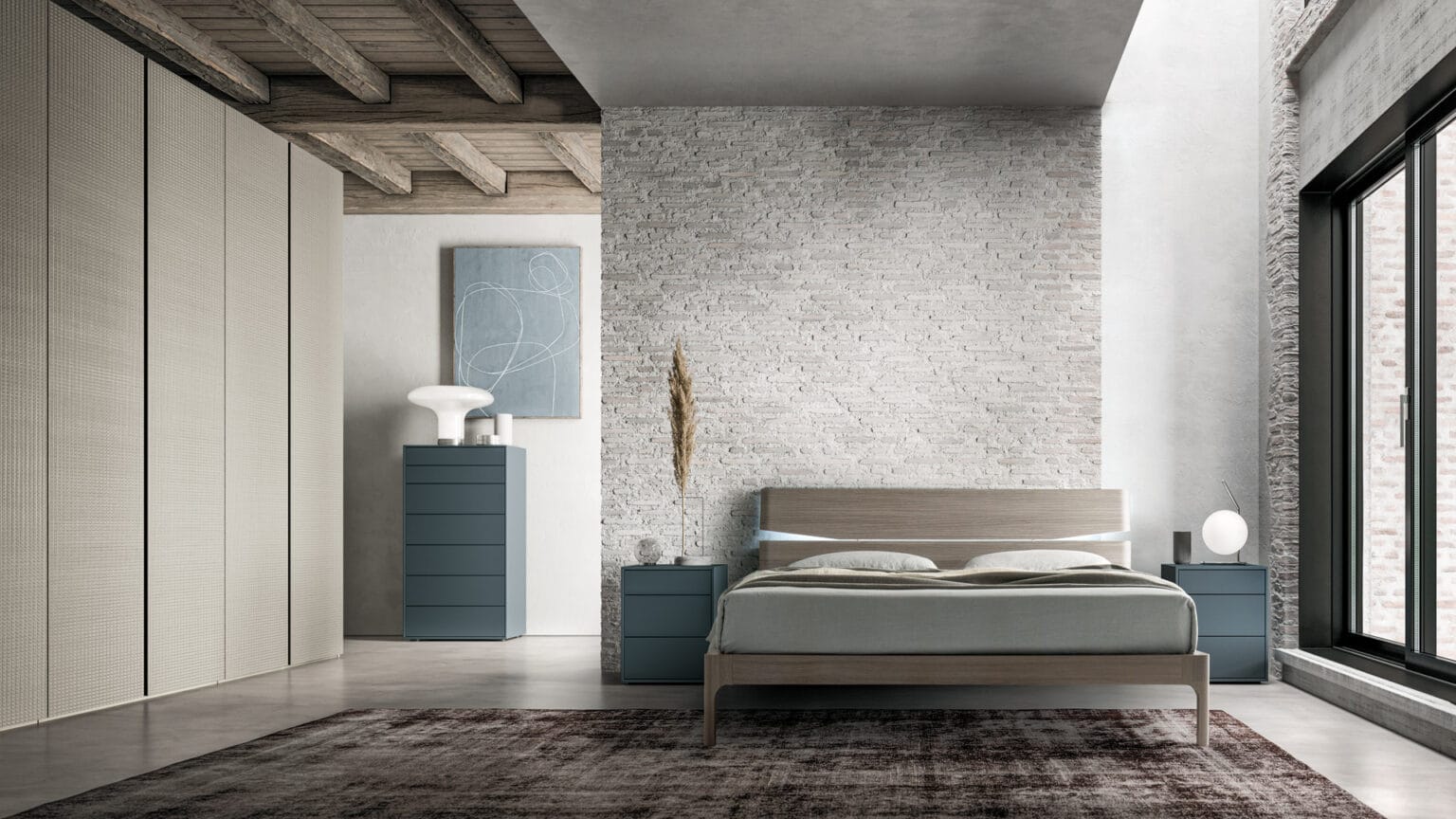 camera da letto moderna con rivestimento mattoni