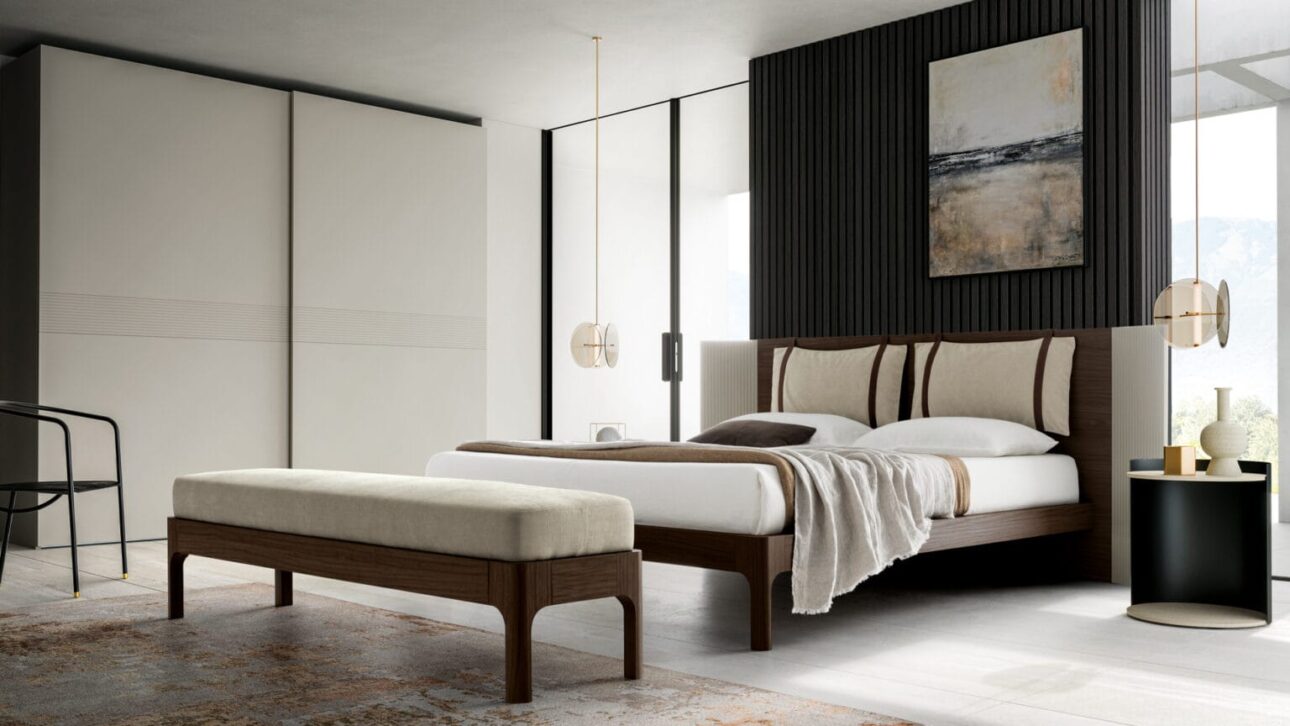 camera da letto moderna con boiserie in legno
