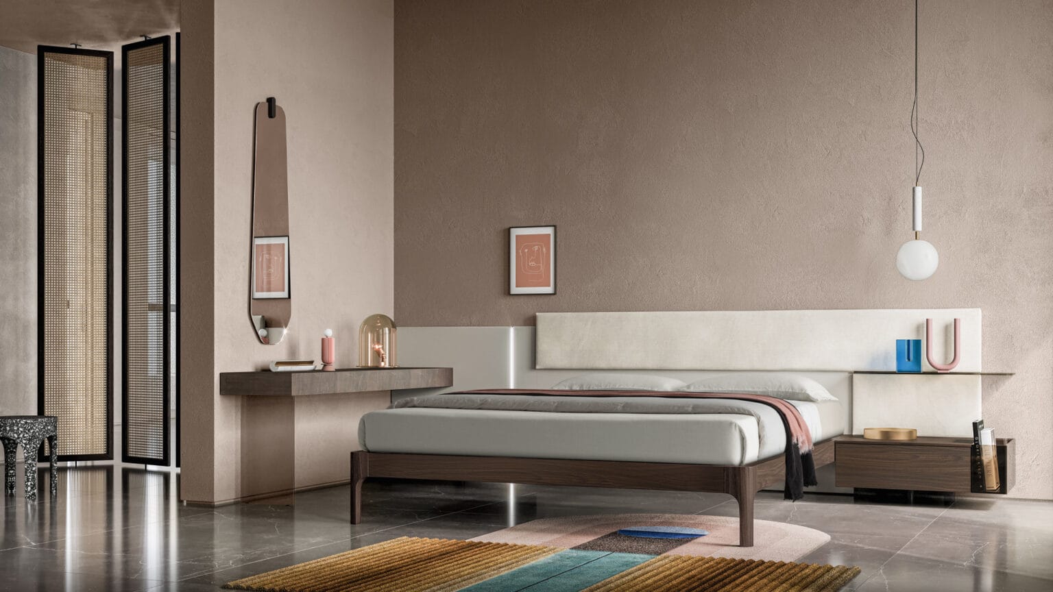 camera da letto moderna con parete rosa