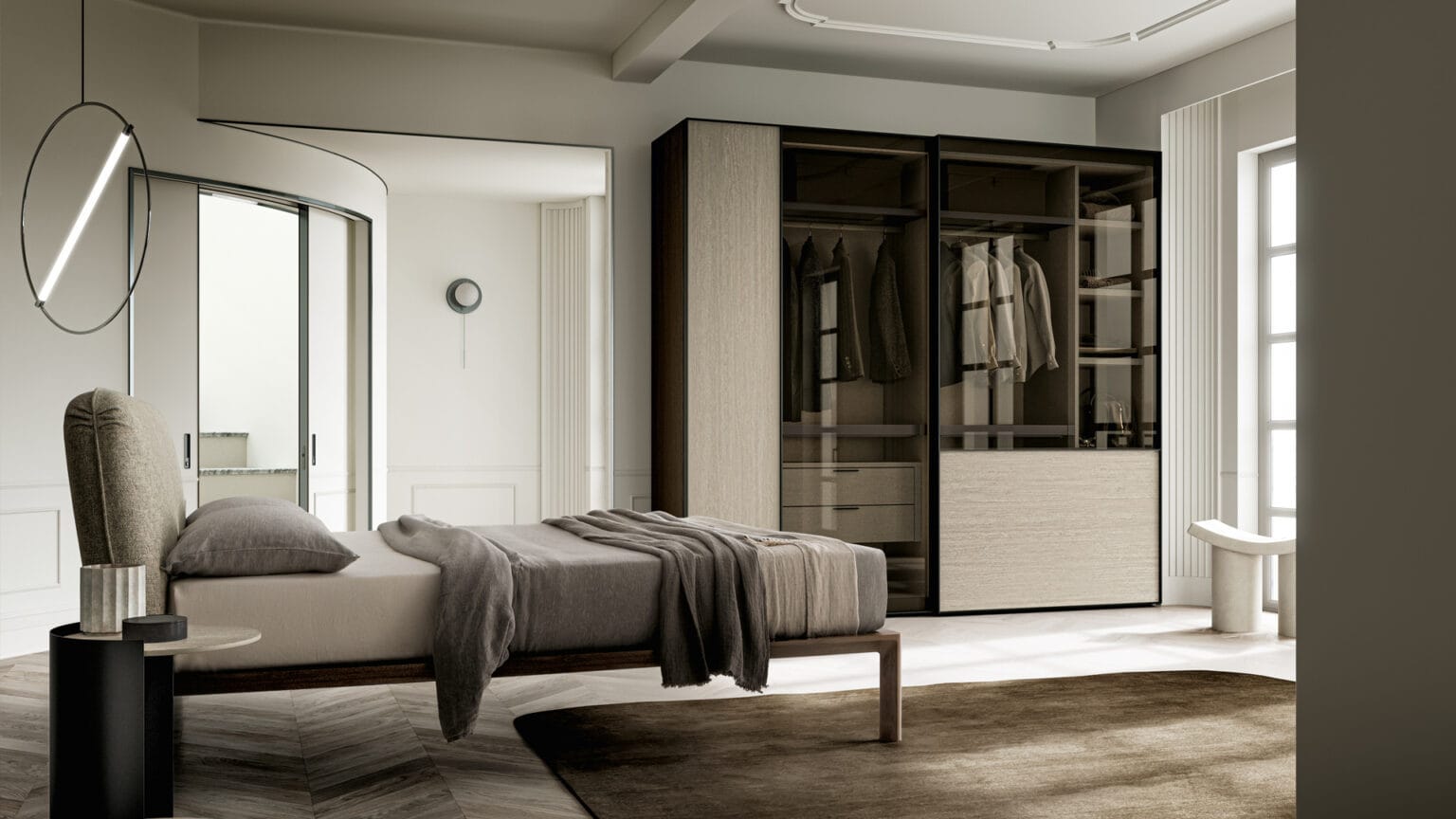 camera da letto moderna con armadio in vetro