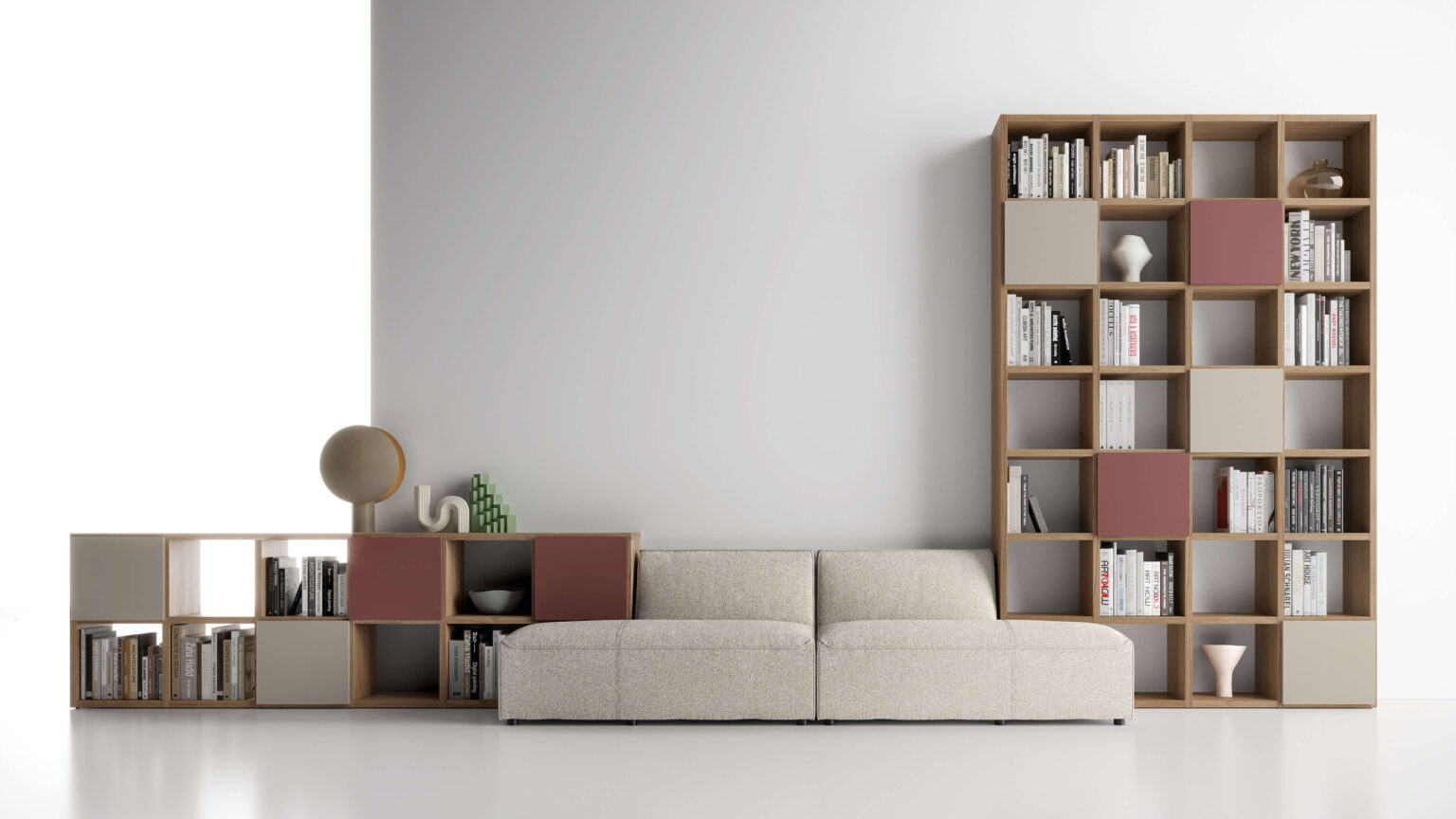 divano moderno con libreria integrata
