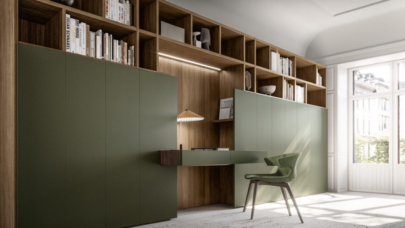 libreria con scrivania integrata per soggiorno moderno