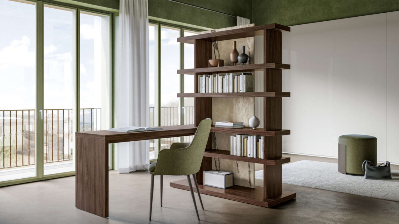 libreria separa ambienti con scrivania integrata