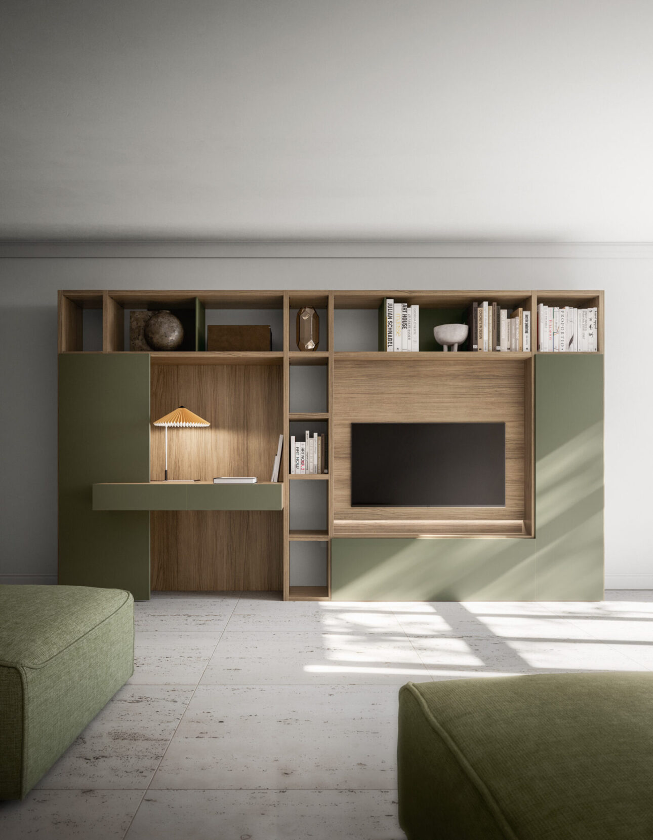 soggiorno moderno con scrivania e porta tv