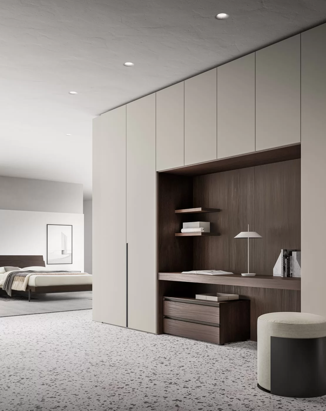 armadio a ponte con postazione beauty in camera da letto