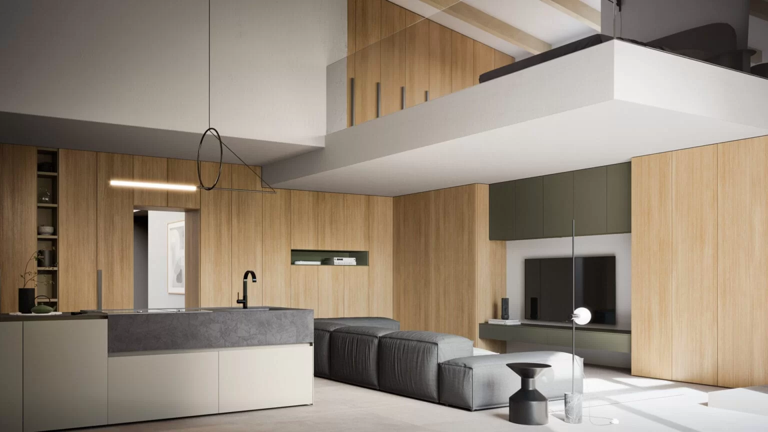 open space moderno con arredamento in legno