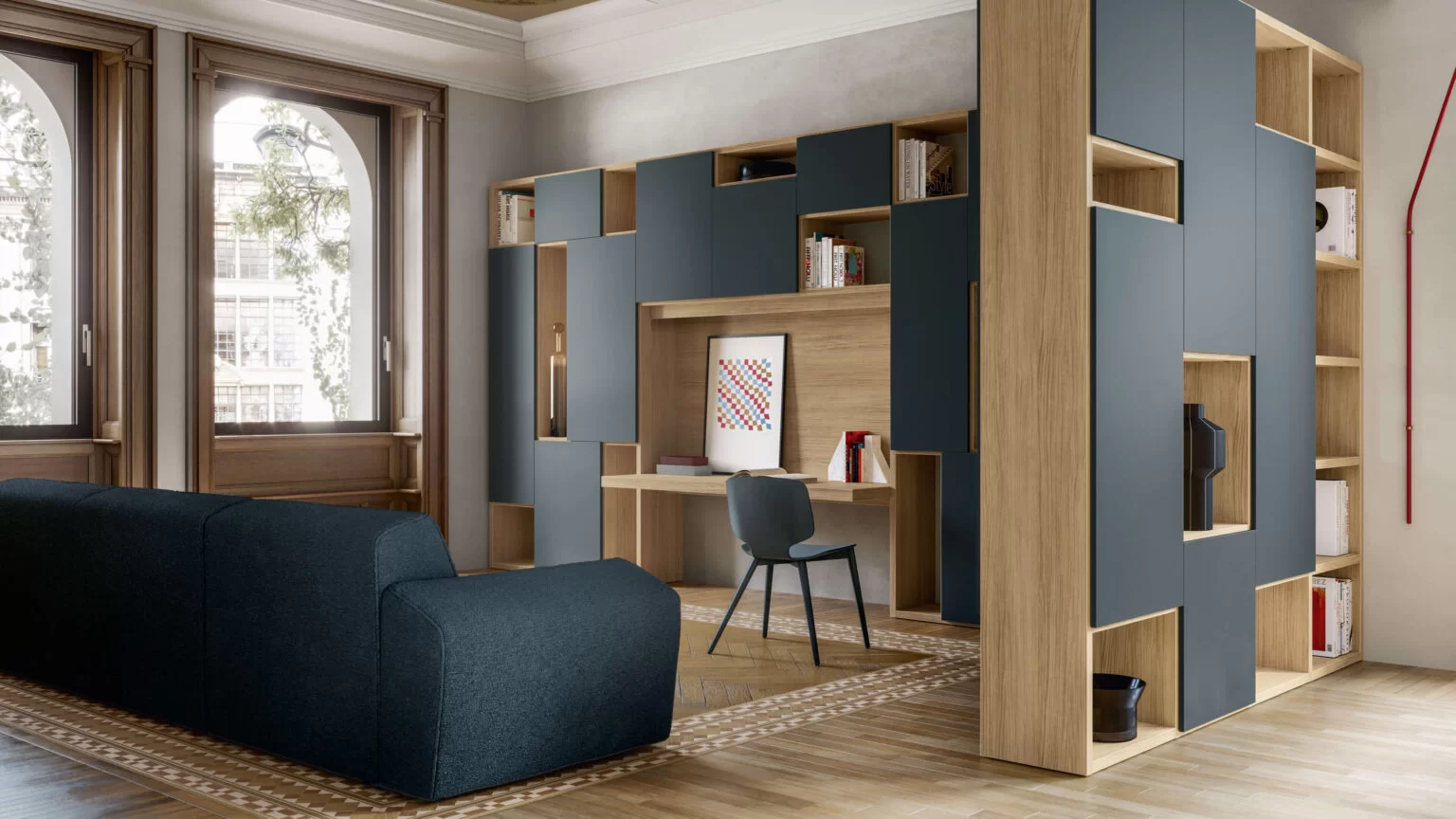 open space moderno con libreria