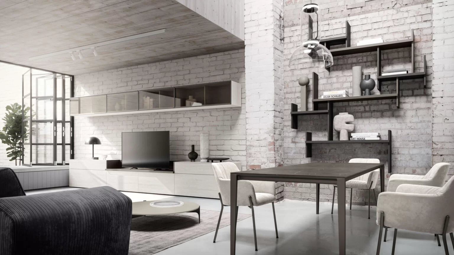 open space moderno con zona relax e zona pranzo