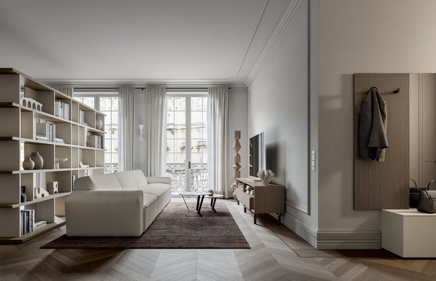 open space arredamento colori neutri e legno