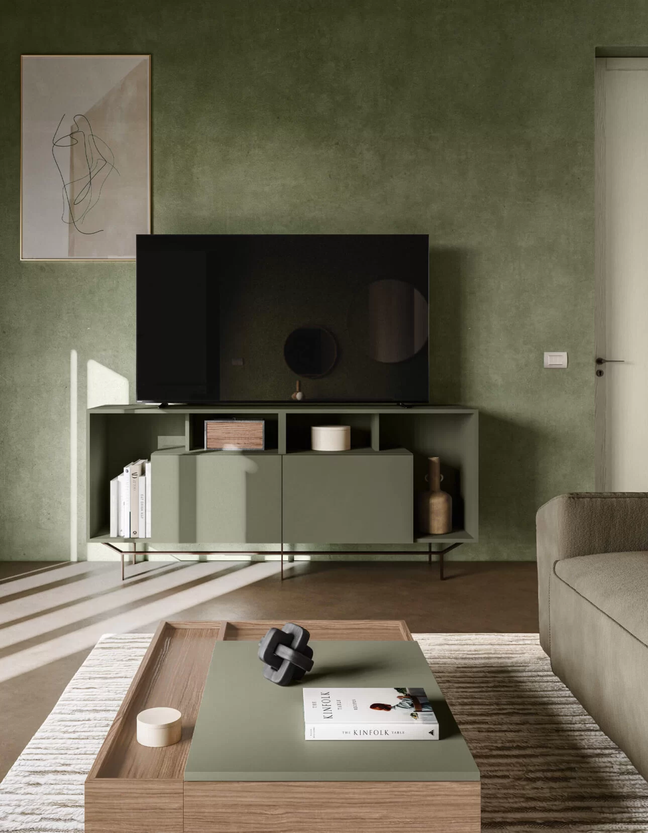 tavolino da salotto verde coordinato a madia