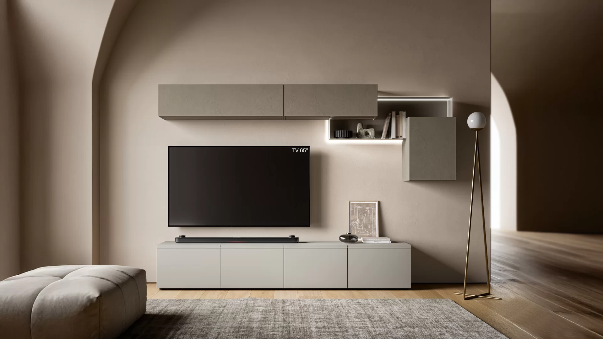 arredi con illuminazione per soggiorno di appartamento piccolo