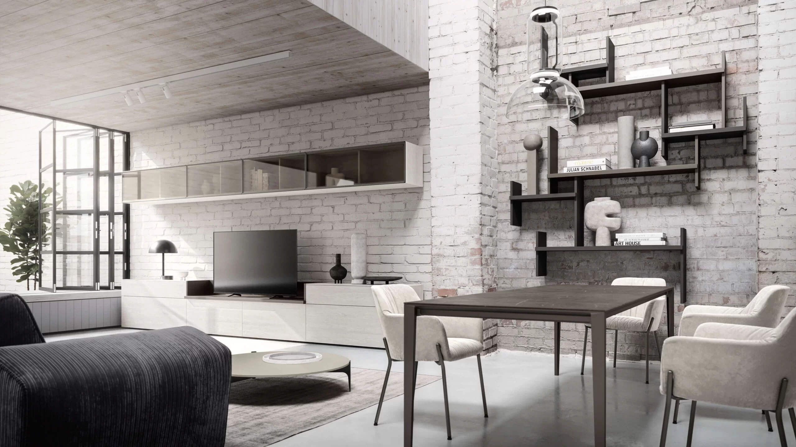 composizione di mensole in legno per soggiorno