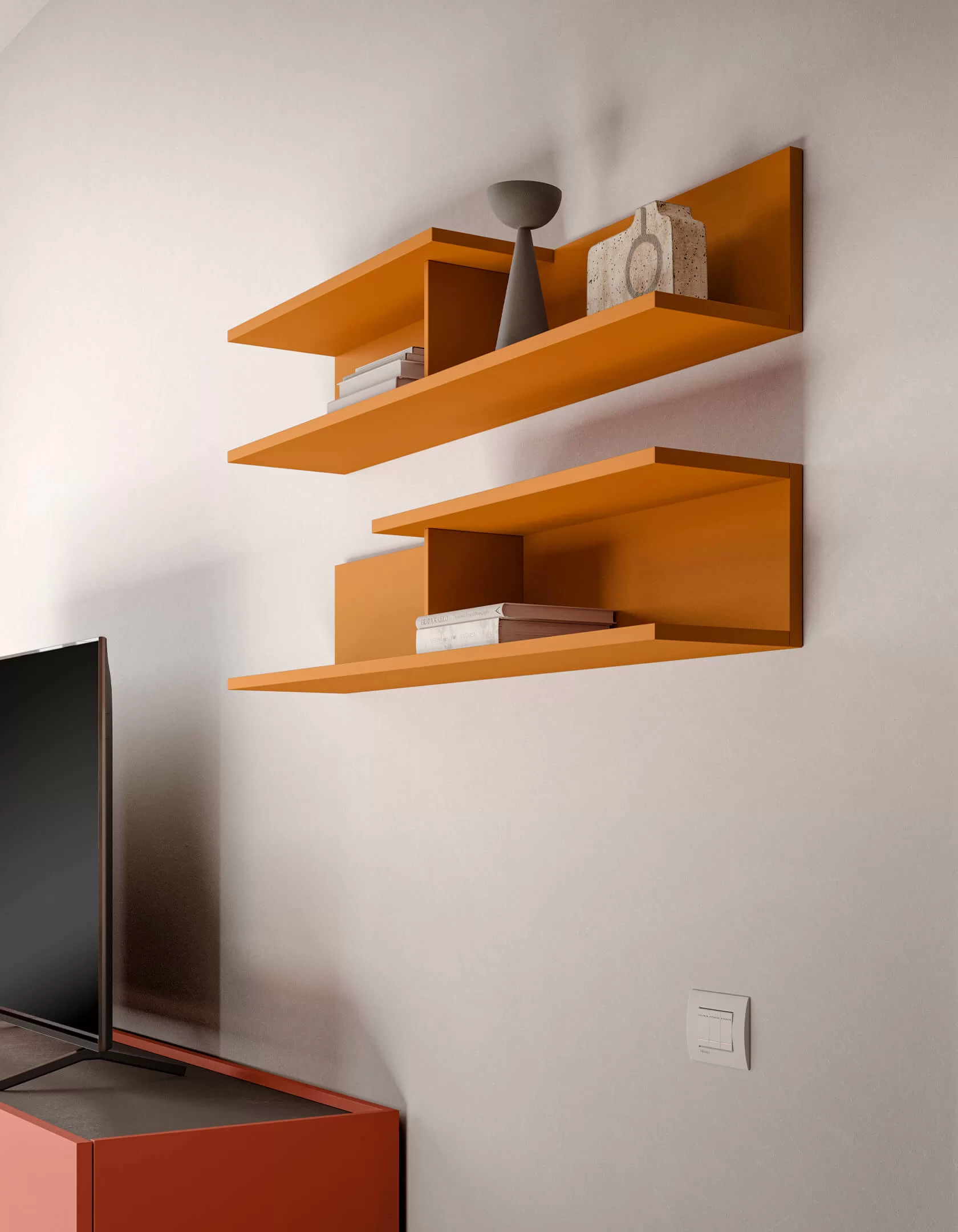 coppia di mensole colorate per arredare soggiorno moderno