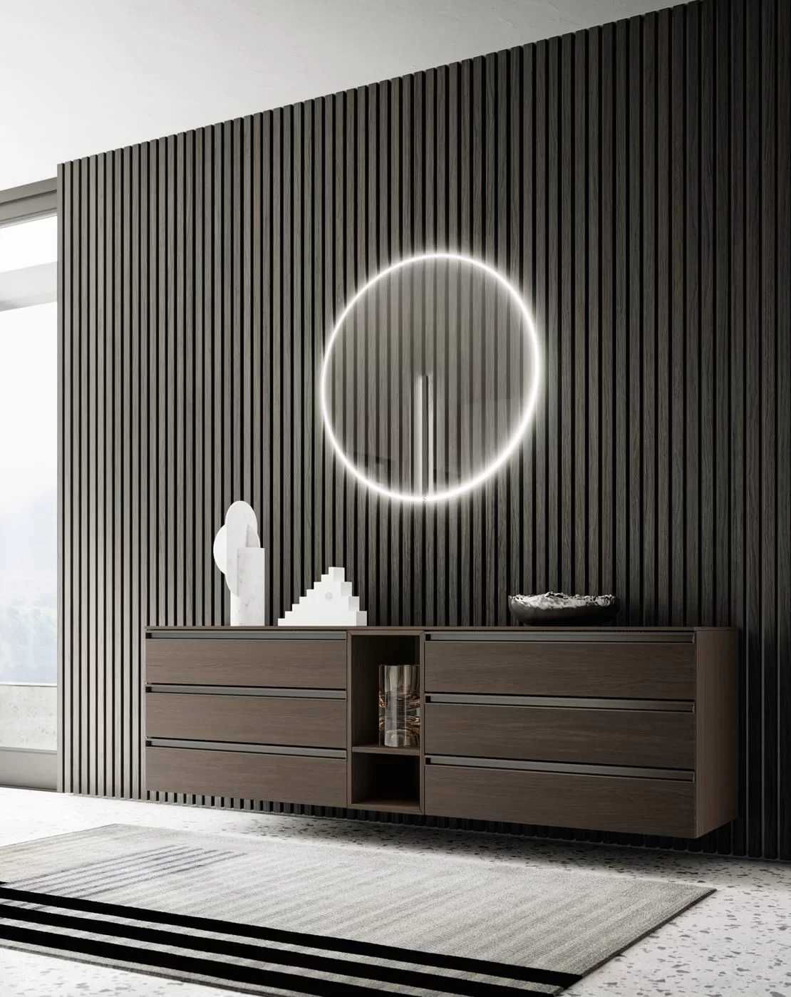 specchiera tonda con luce integrata per zona giorno e zona notte