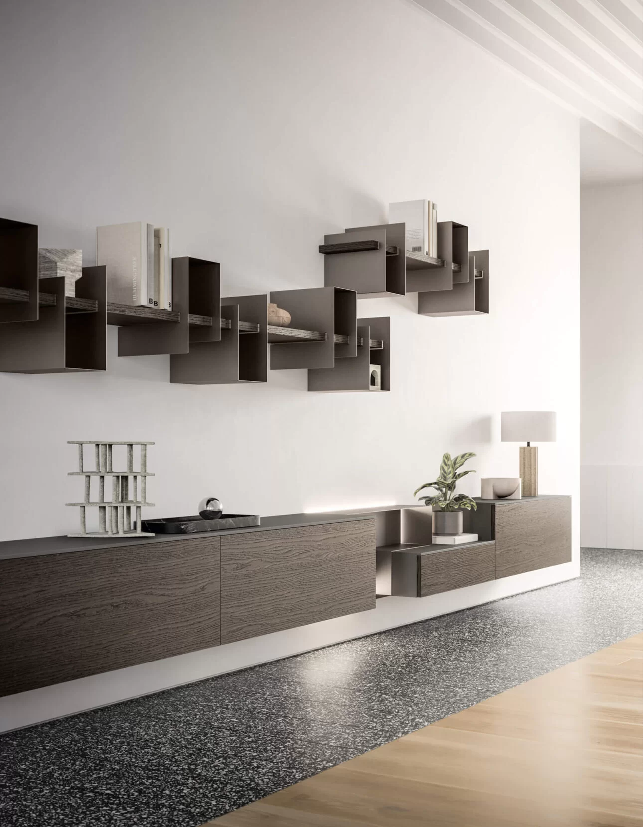 libreria sospesa in legno e metallo di design