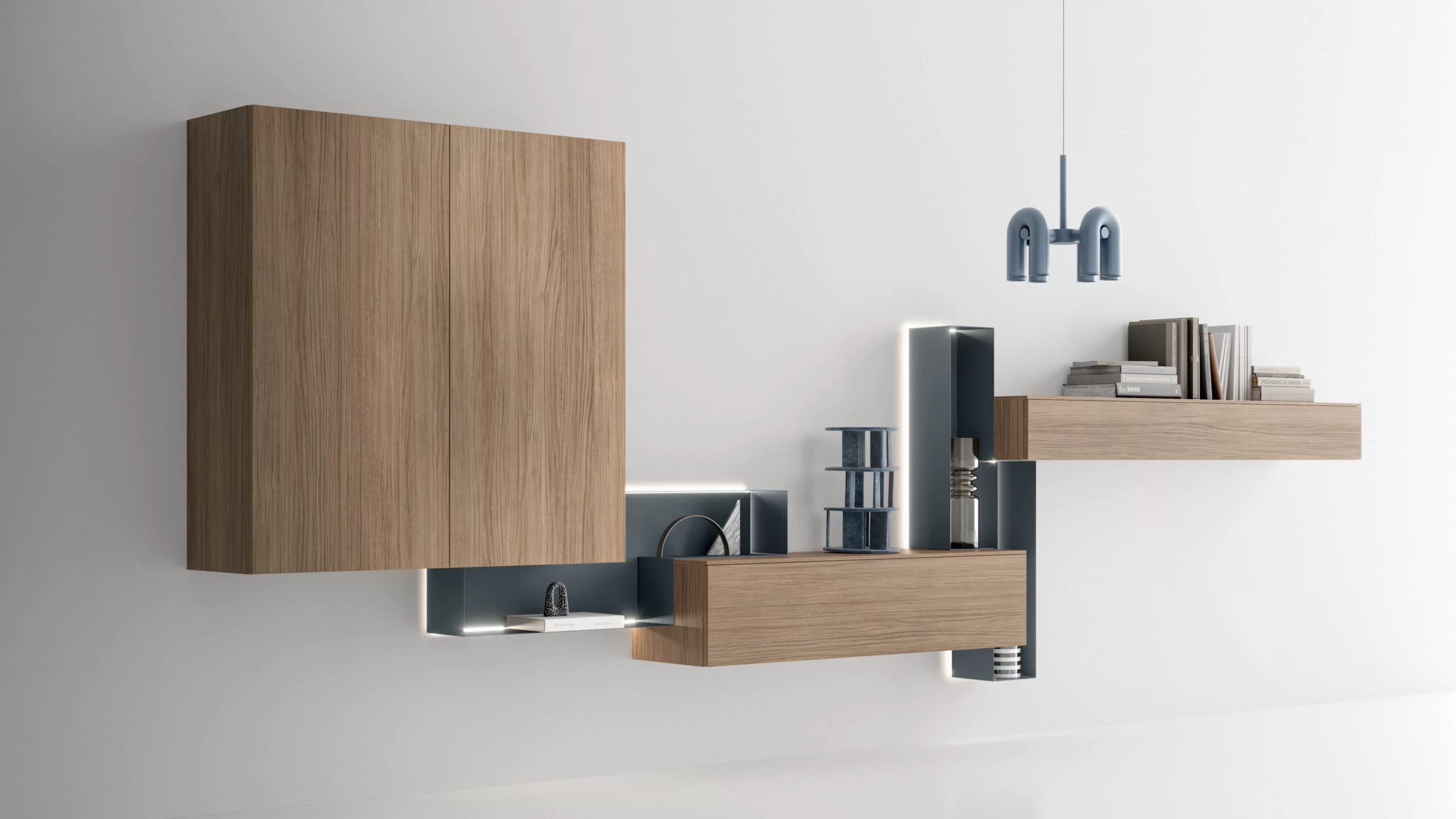 libreria sospesa configurata con moduli aperti e chiusi per zona giorno