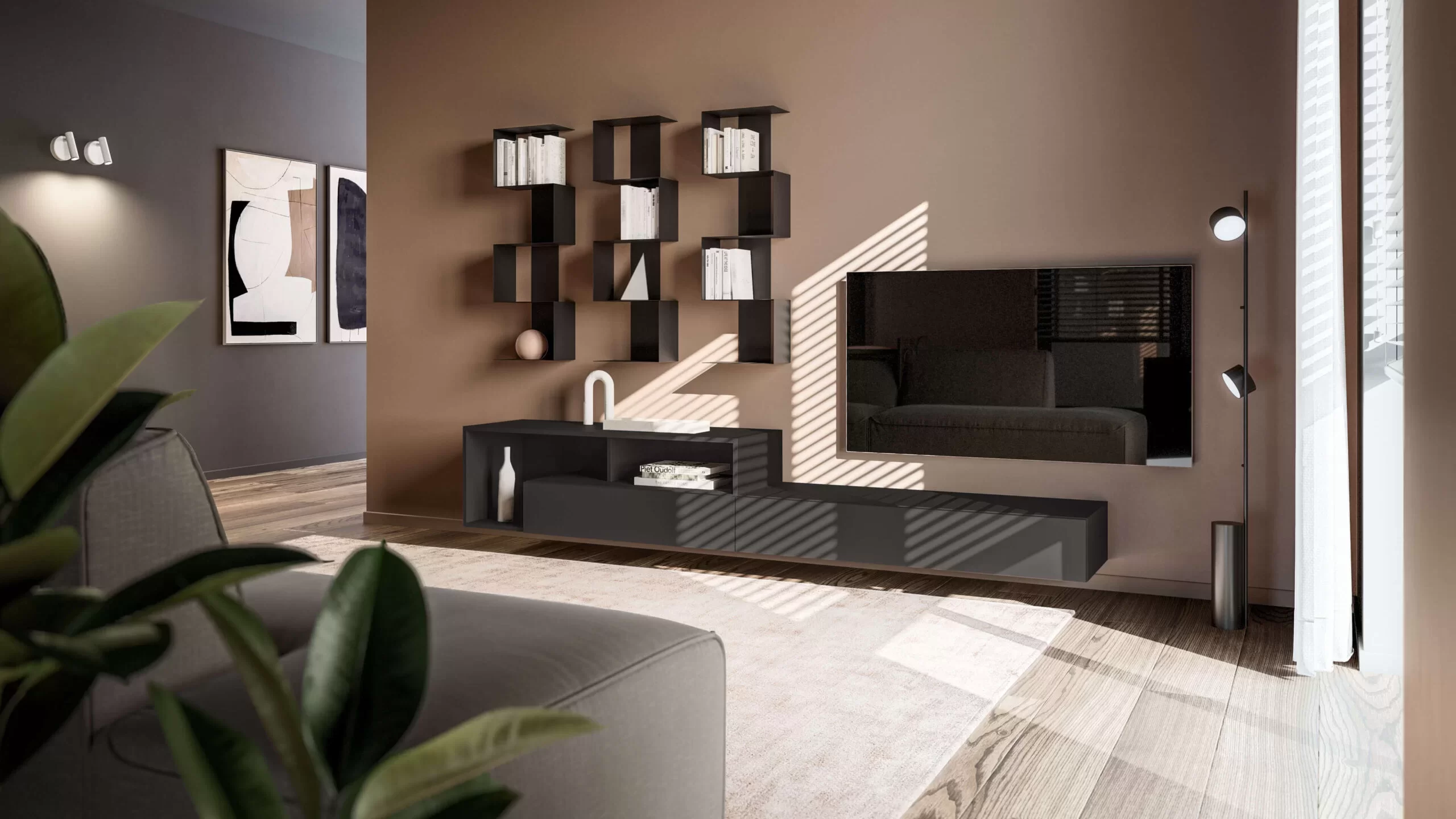 libreria sospesa di design per zona giorno