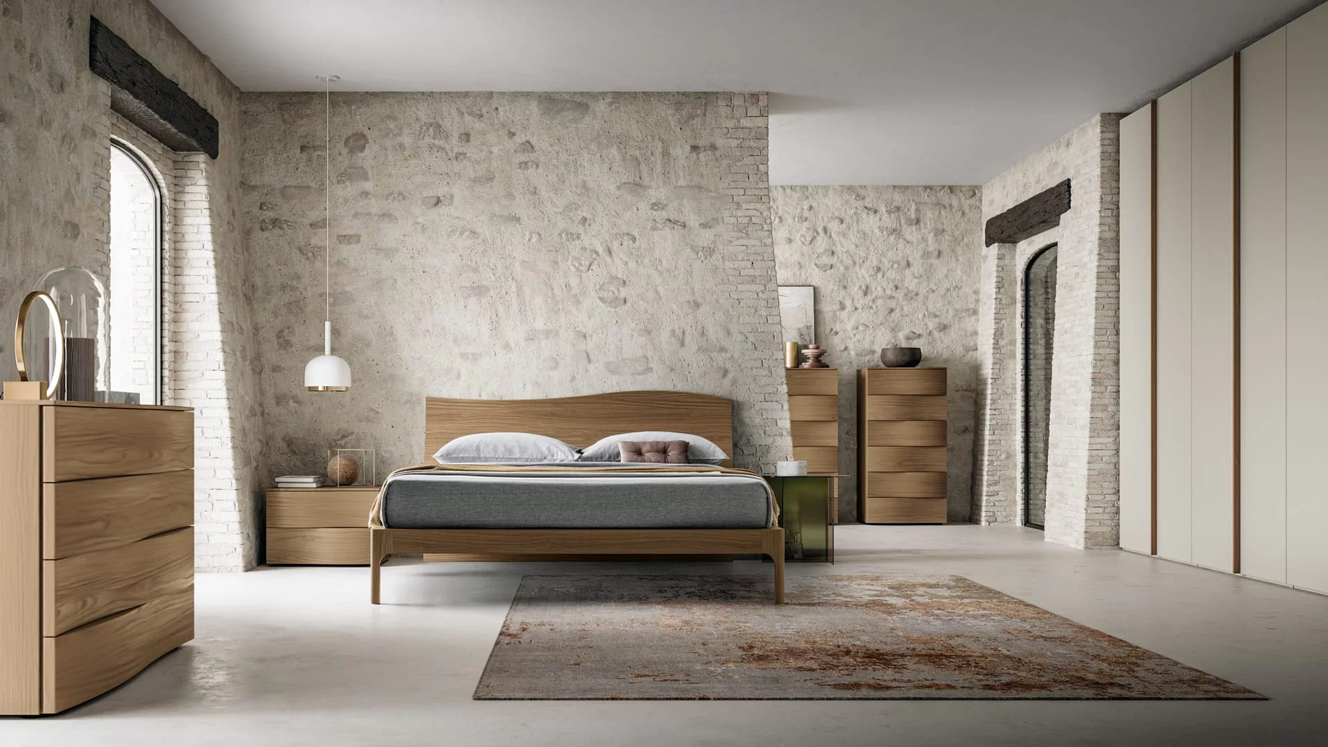 letto con testata in legno design a onda