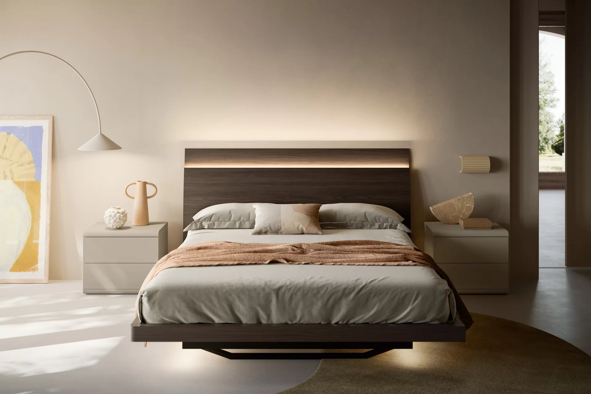 letto con testata in legno e luce led integrata