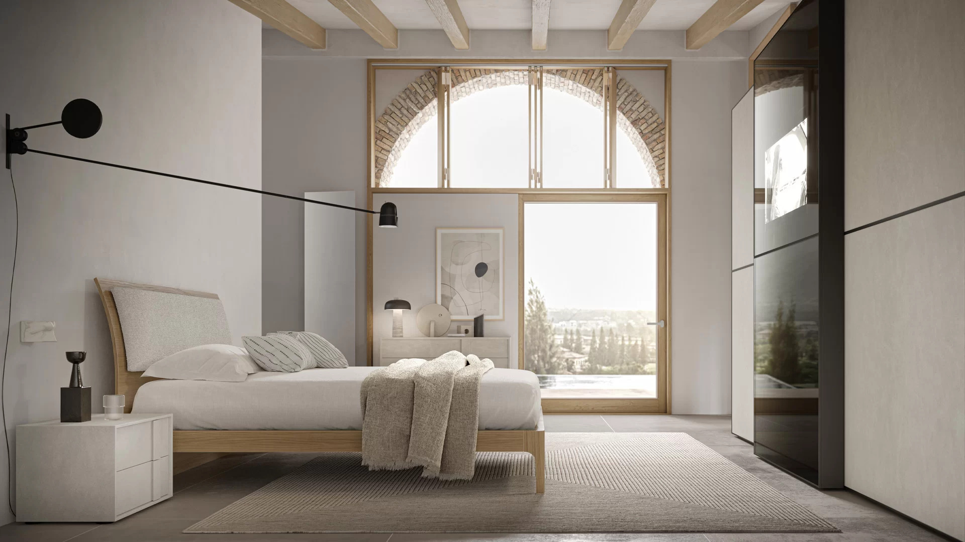 letto con testata in legno e pannello imbottito stile nordico