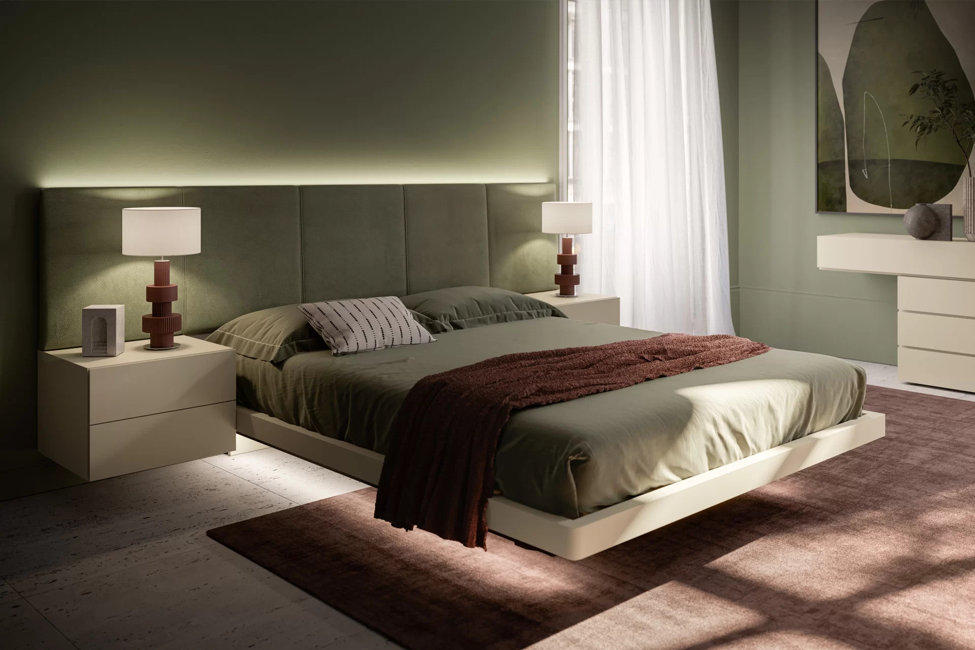 letto con testata pannelli imbottiti e comodini sospesi