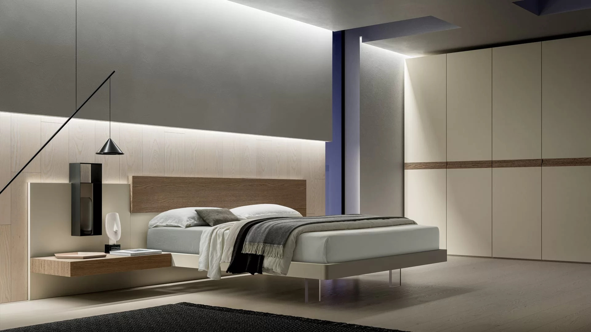 letto configurabile con pannelli in legno e accessori