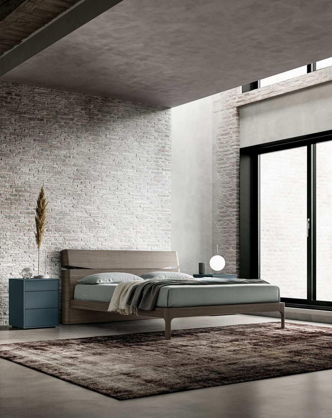 letto in legno con intagli e luce integrata