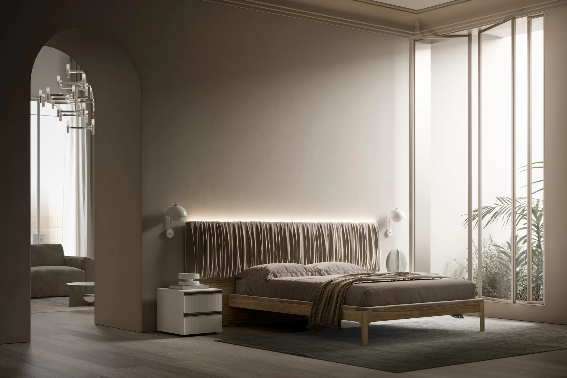 testata letto con tessuto plissettato