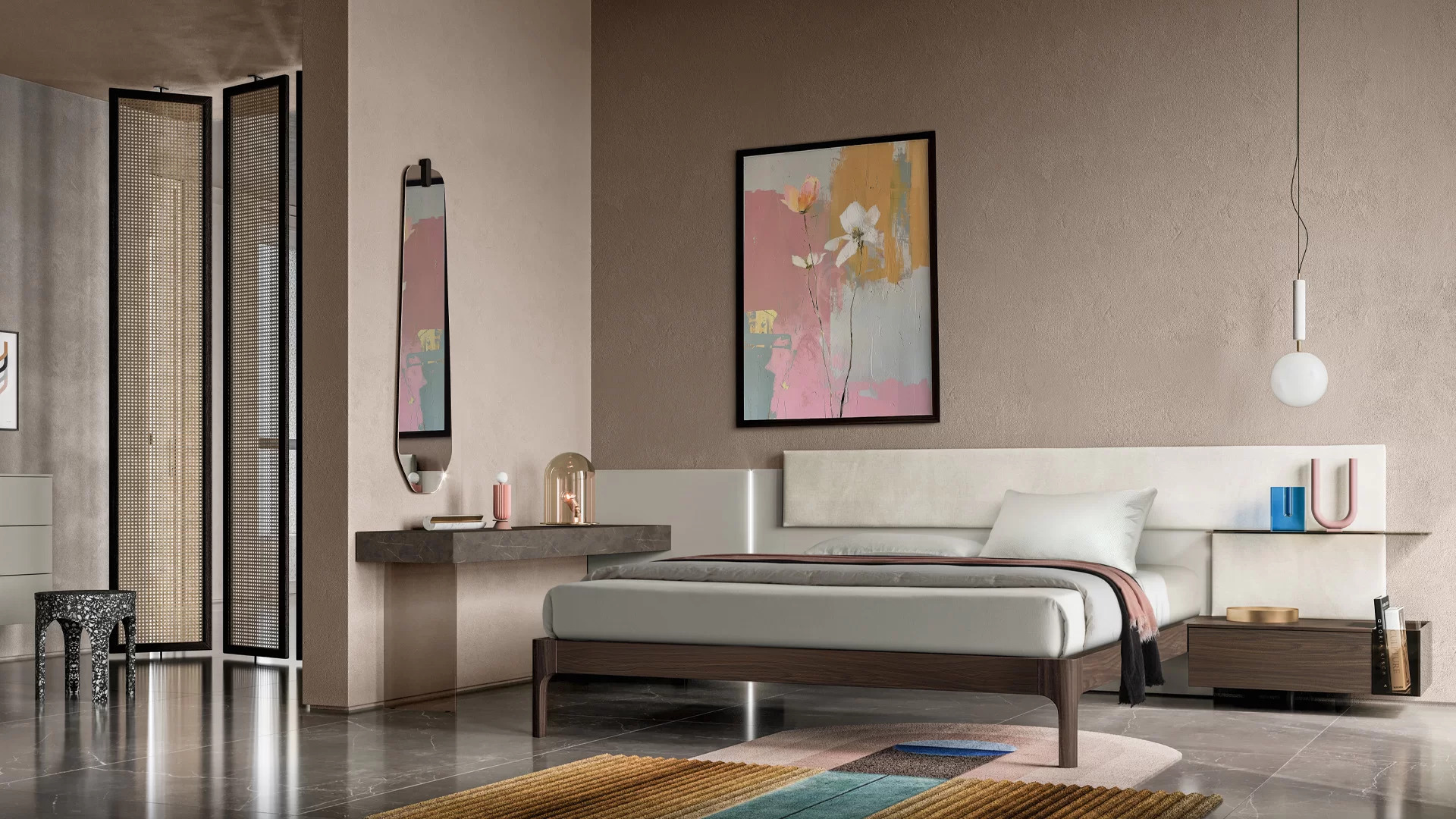 testata letto modulare con scrittoio e accessori integrati