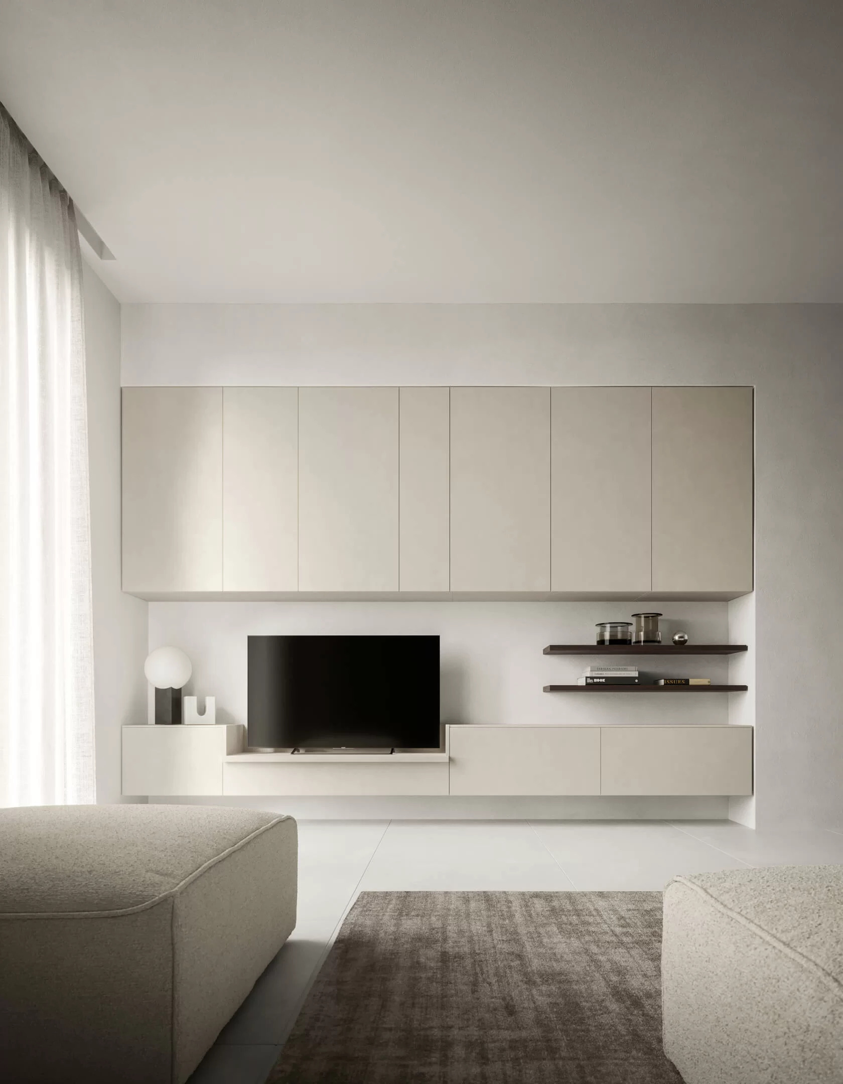 parete attrezzata con basi e pensili chiusi di colore bianco