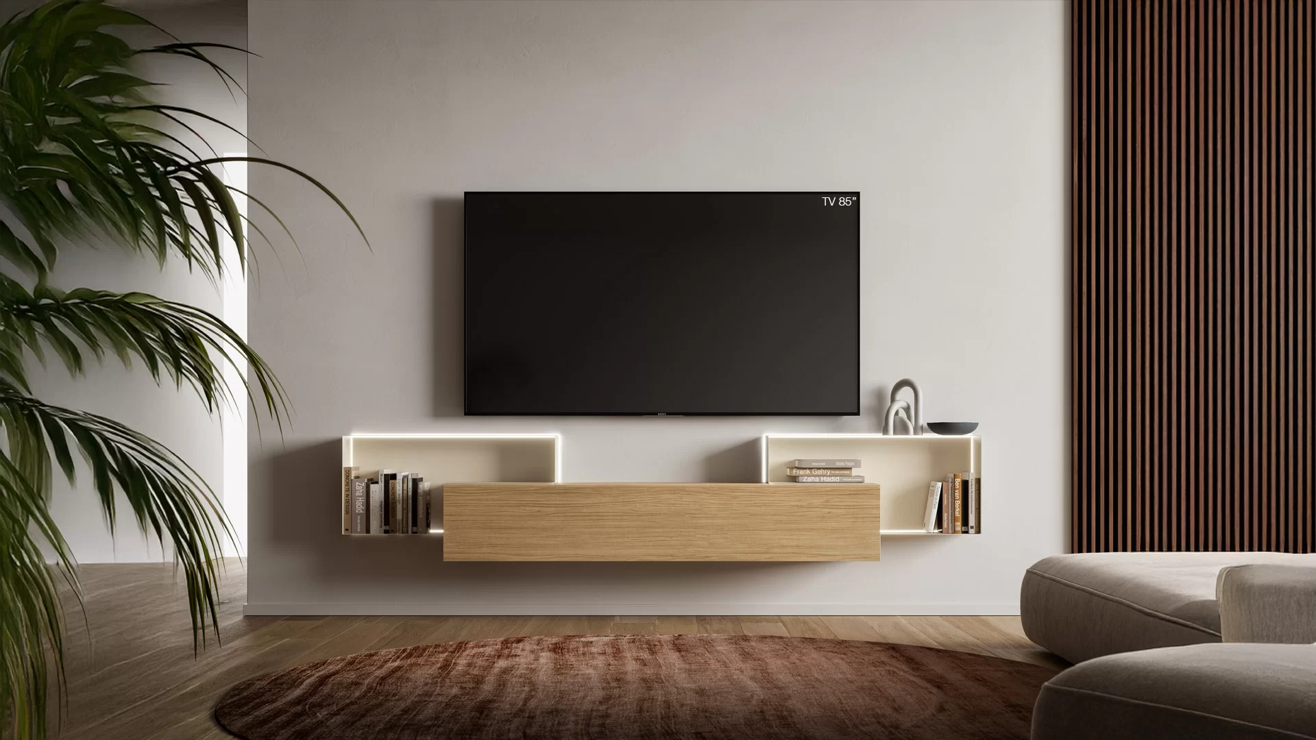 parete attrezzata con tv di grandi dimensioni e pochi elementi