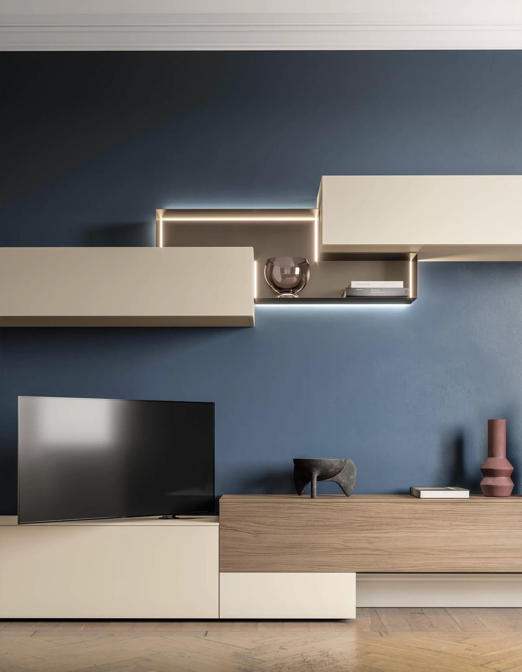 parete attrezzata del living con modulo in metallo e illuminazione integrata