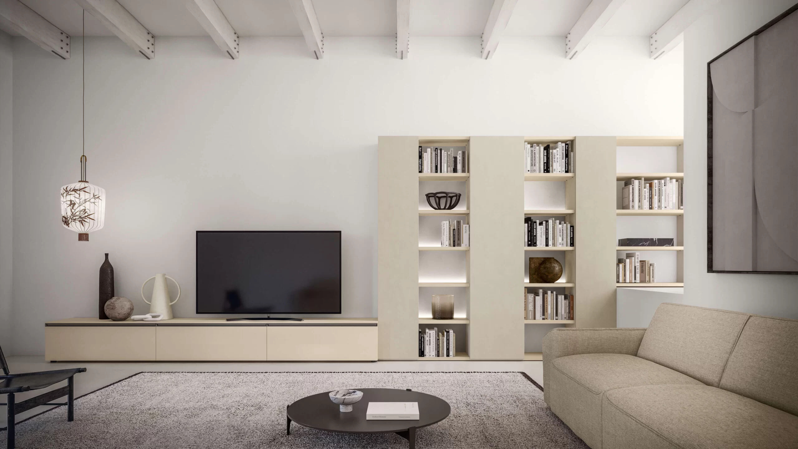 parete attrezzata del soggiorno con base e a terra e libreria