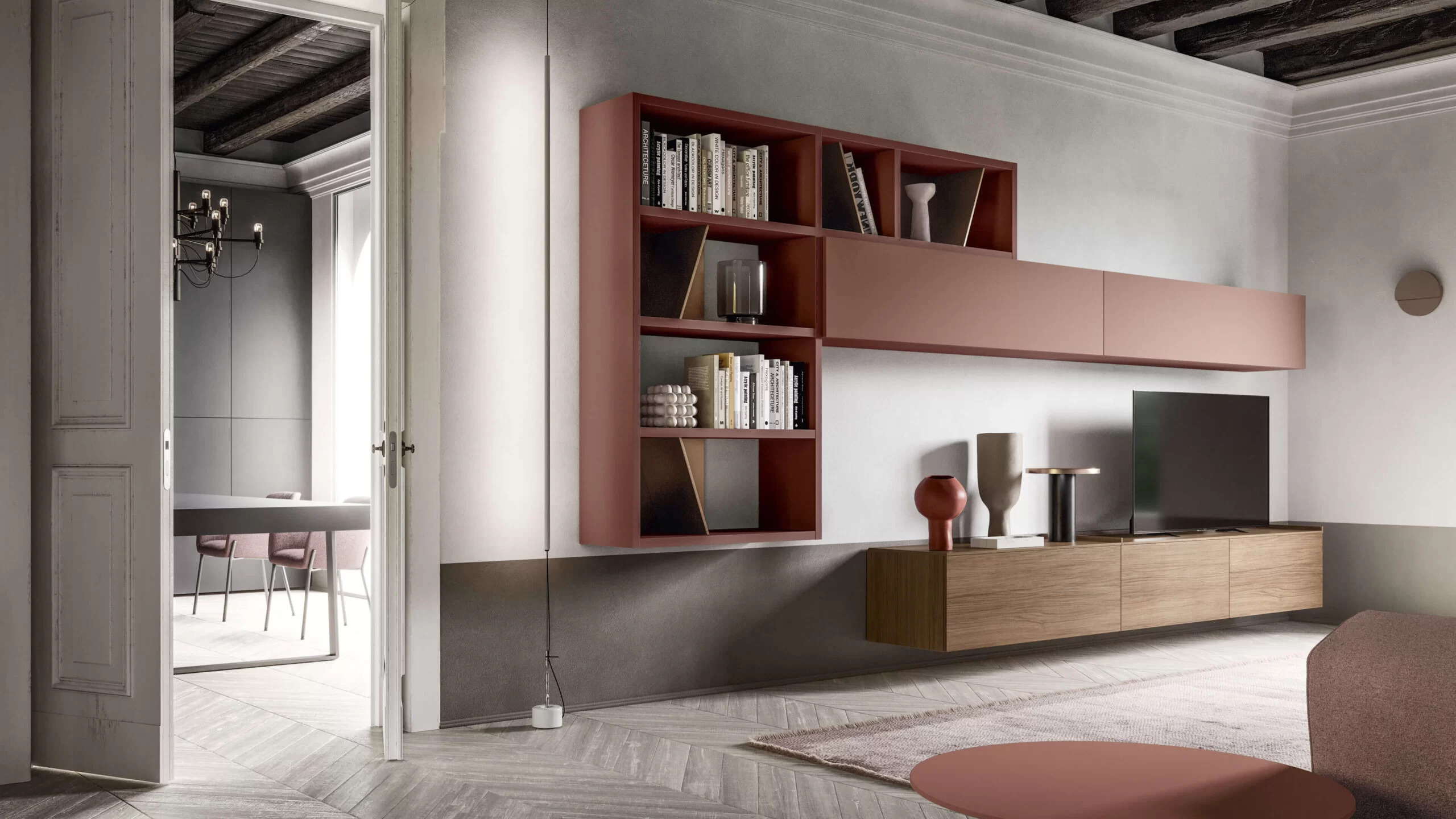 parete attrezzata del soggiorno con base e libreria sospesa