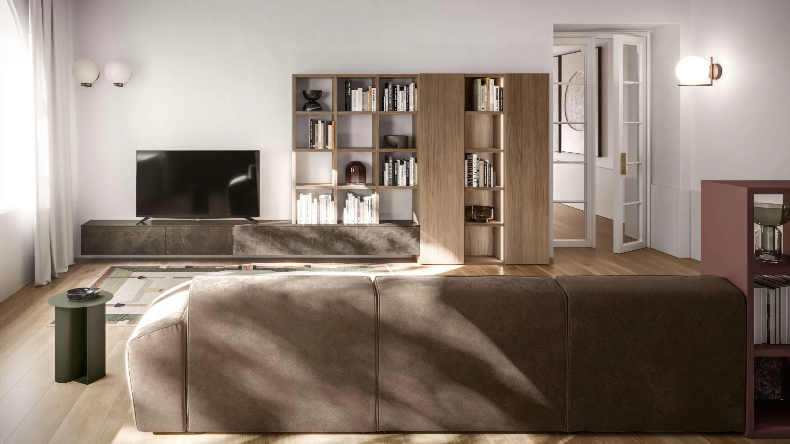 parete attrezzata del soggiorno con base sospesa e libreria a terra in legno