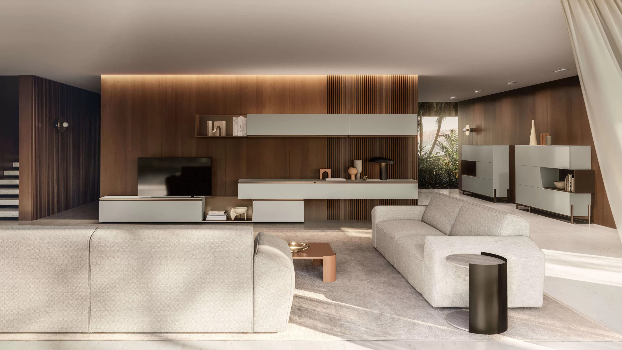 soggiorno contemporaneo con parete attrezzata e madie coordinate