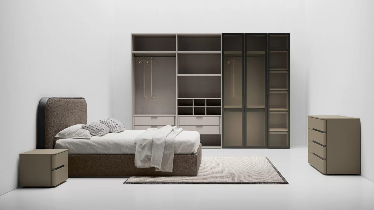 camera da letto con como e comodini forme arrotondate e colore neutro