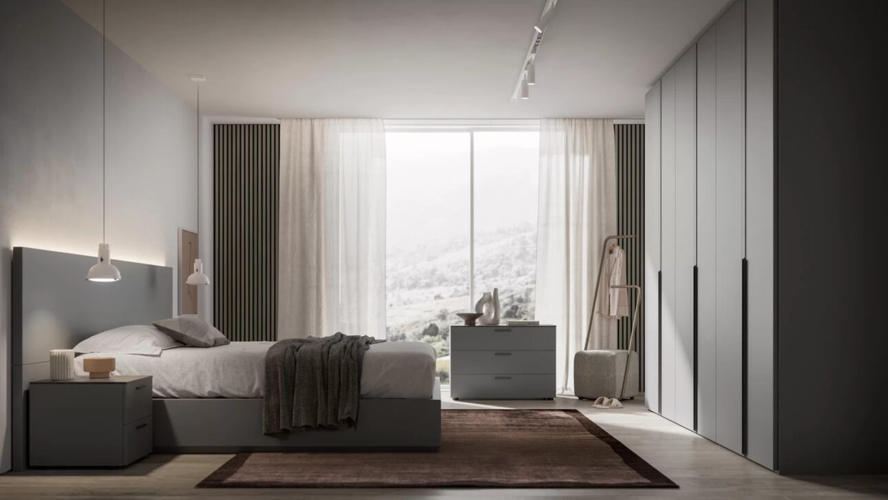 camera da letto contemporanea con comodini como e armadio colore grigio