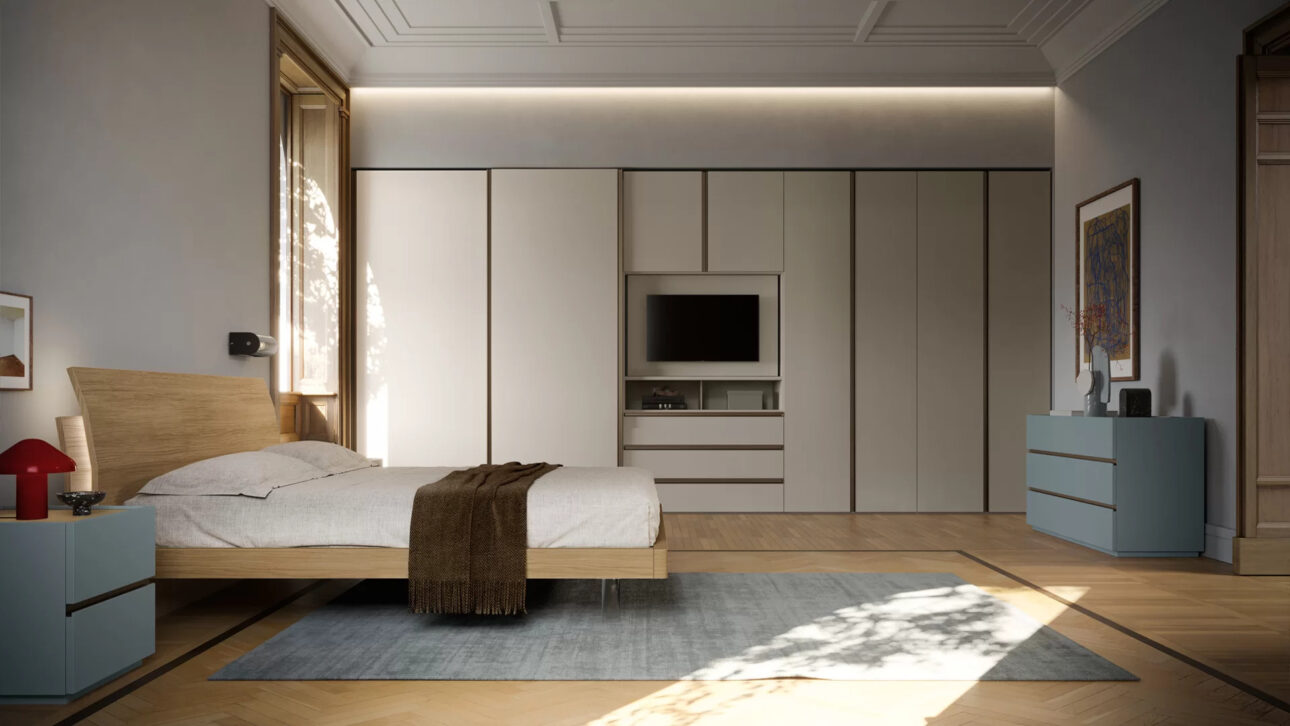 como e comodini colore azzurro per camera da letto
