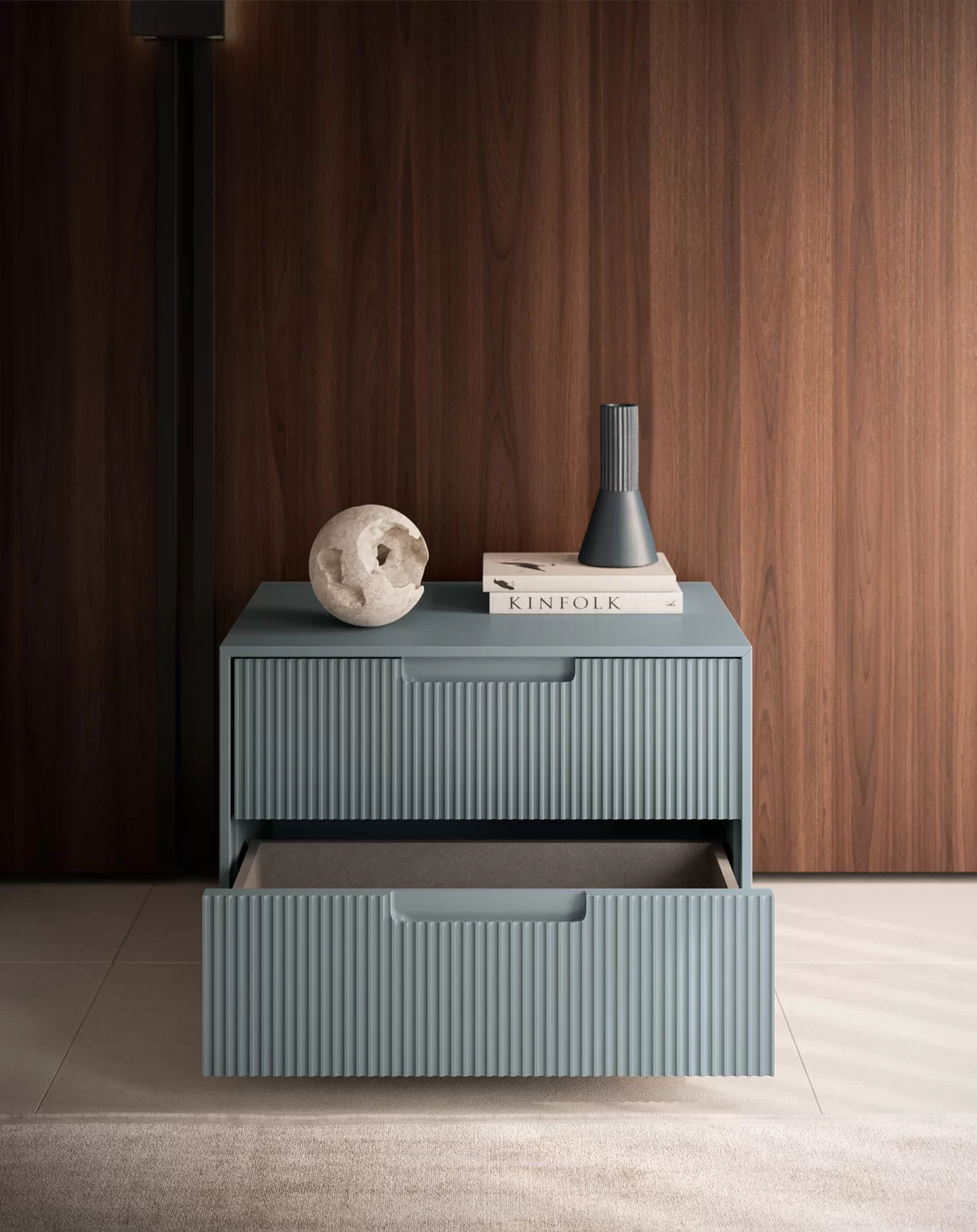 comodino a terra due cassetti colore azzurro per camera da letto