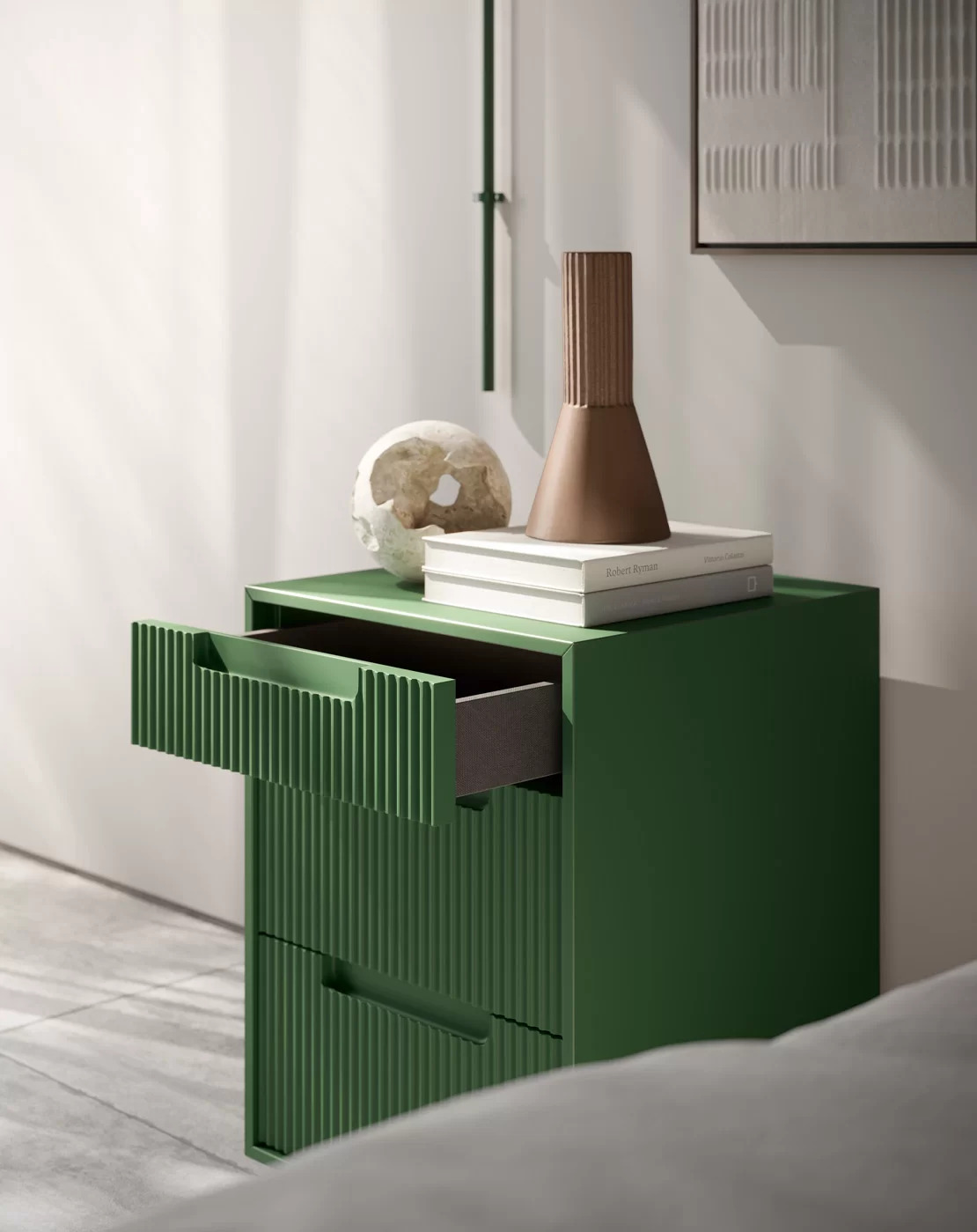 comodino alto tre cassetti colore verde per camera da letto